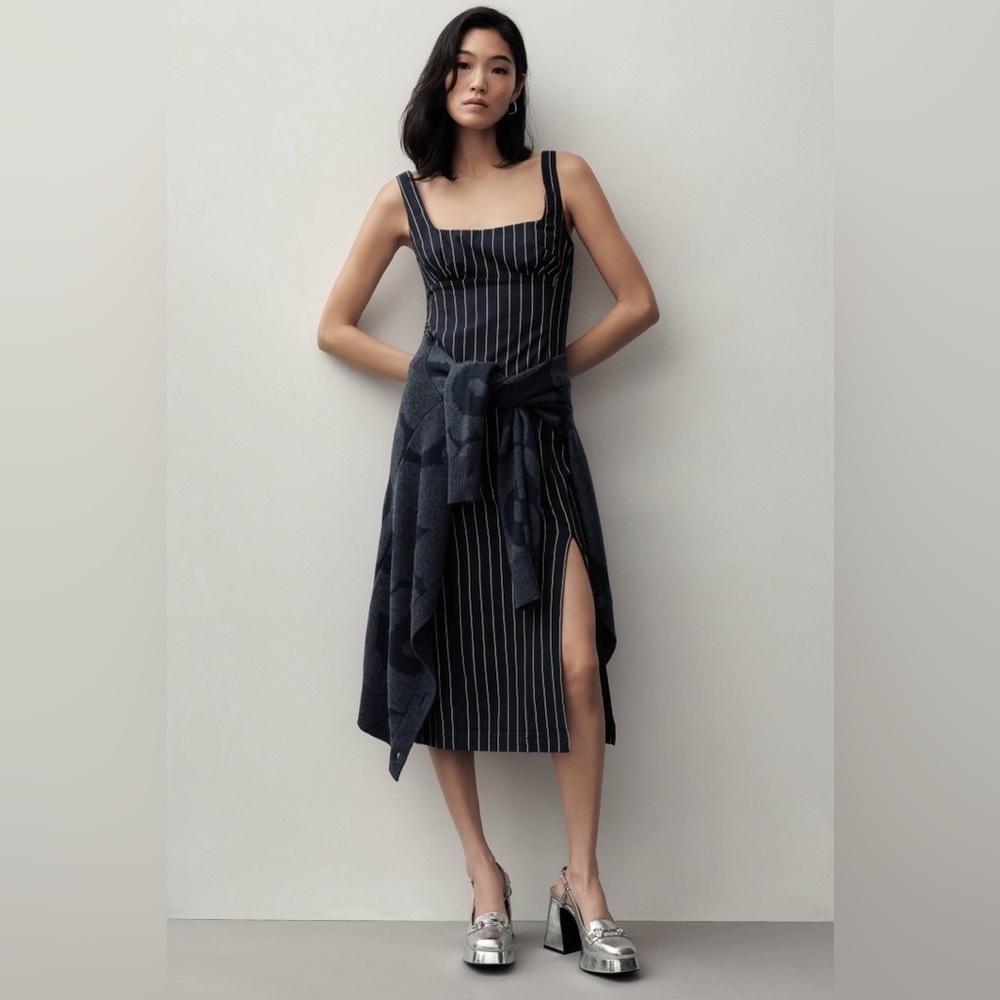 By Anthropologie Pinstripe Midi Dress Size M Navy Square Neck Side Slit